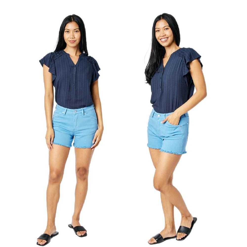 New Judy Blue Garment Dyed Frayed Hem Shorts in Sky Blue - Picture 4 of 6